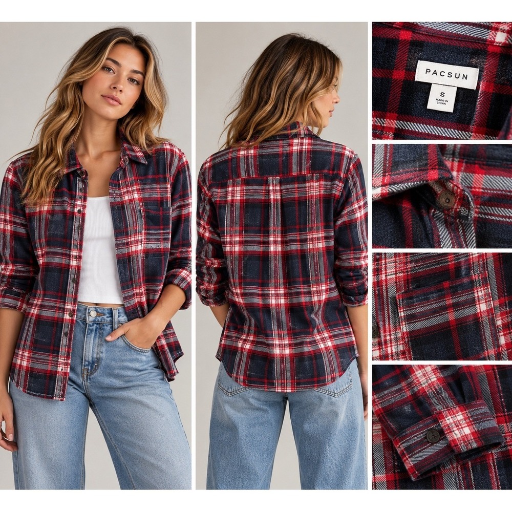 PacSun Womens Red Navy Blue Plaid Flannel Button Down Shirt Small